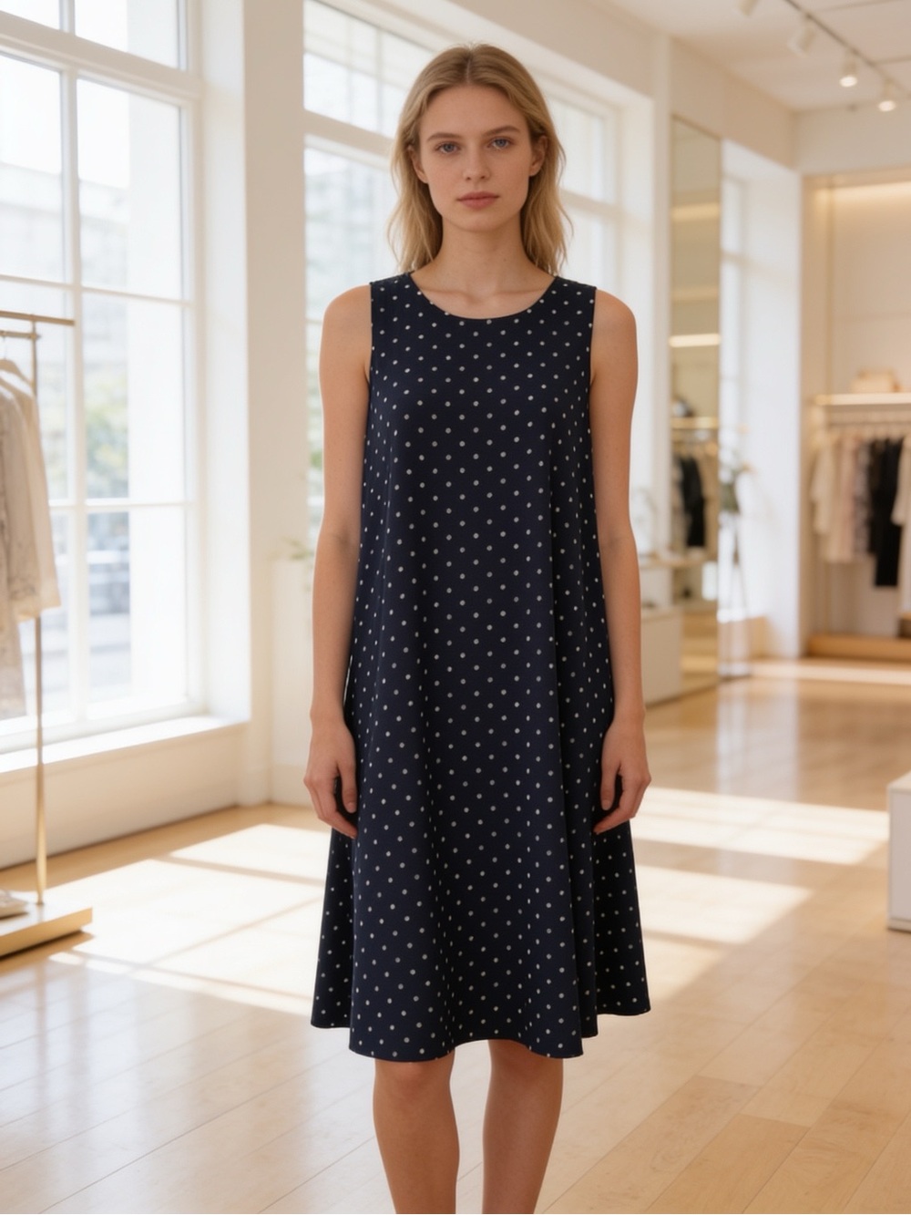 Anne Klein Navy White Polka Dot Sleeveless Swing Dress Size 12 Midi Dress